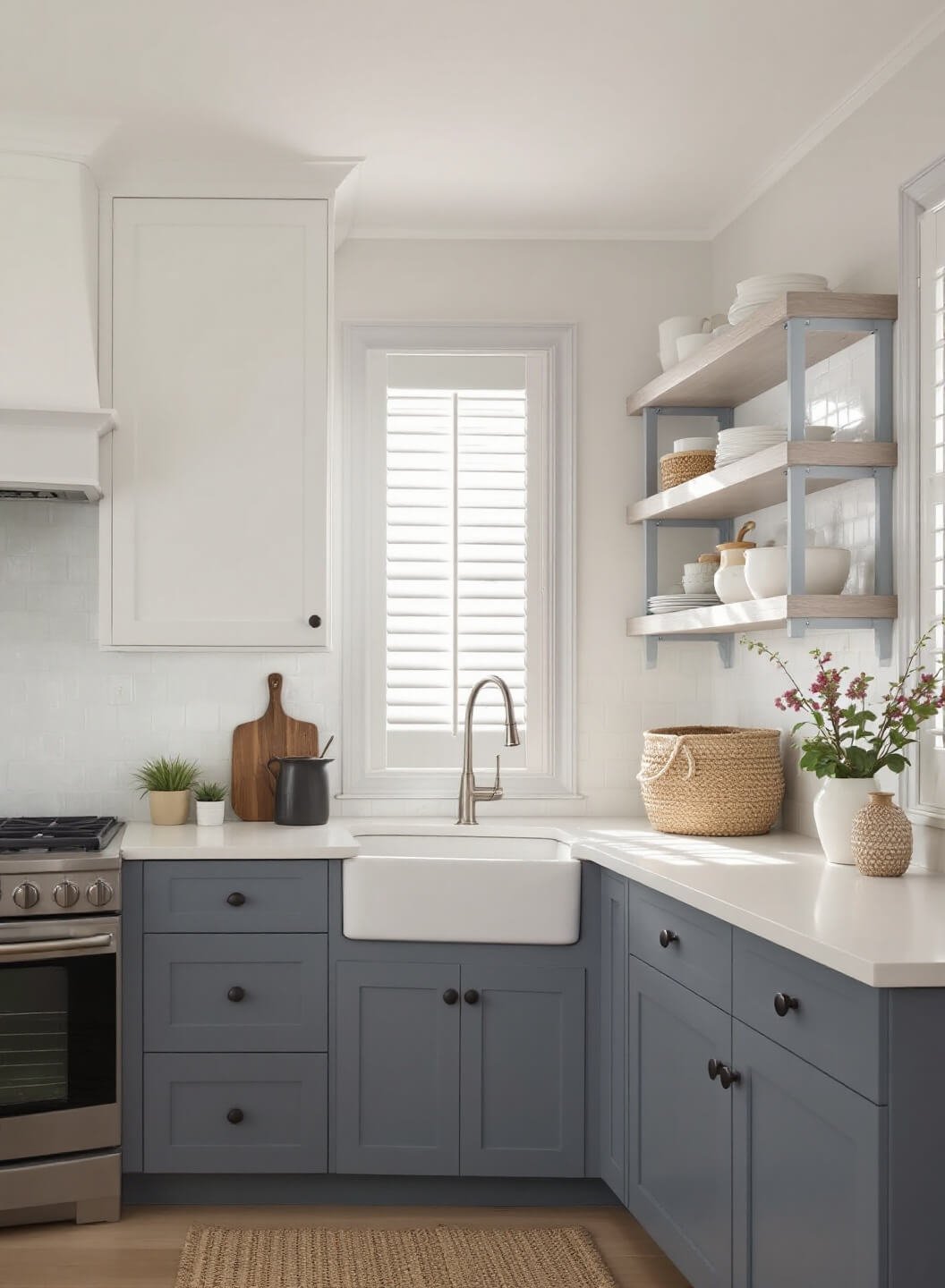 Airy modern coastal kitchen with white upper cabinets, blue-grey lower cabinets, driftwood-toned open shelving, white ceramics, and seagrass baskets, bathed in soft beach light from plantation shutters