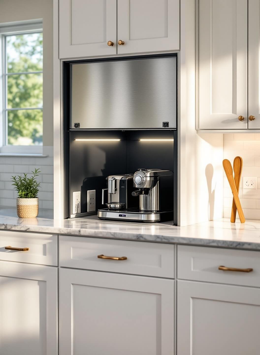 Modern kitchen with a brushed aluminium appliance garage partially opened revealing an espresso machine and toaster on a marble counter, illuminated by warm morning light and interior LED strip lighting