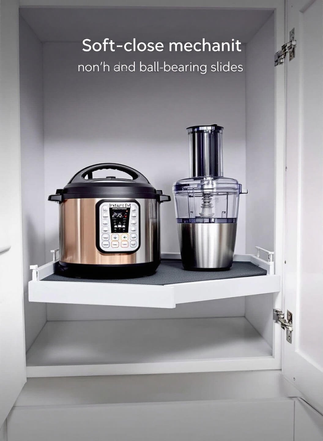 Industrial-grade dove gray pull-out shelving system fully extended, featuring a copper Instant Pot and stainless food processor on non-slip rubber matting, with a focus on the soft-close mechanism and clean lines of the white cabinet interior.