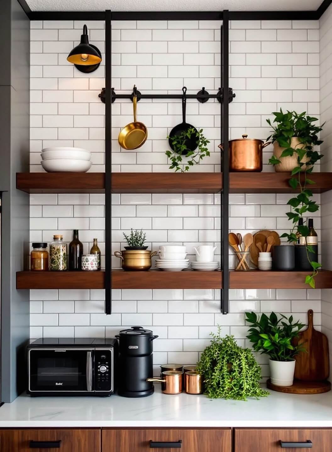 Dramatic vertical storage wall with floating walnut shelves, subway tile backsplash, dimmable sconce lighting, matte black and brass appliances, and copper cookware with trailing plants in a modern farmhouse aesthetic