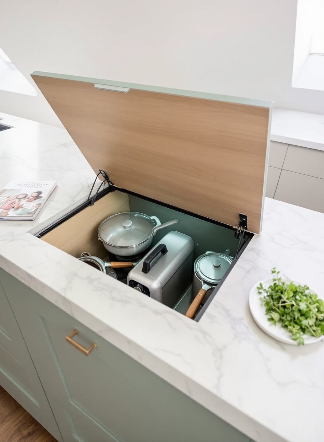 Overhead view of a sage green kitchen island with a lifted panel revealing a hidden compartment illuminated by internal LED lights, holding a collection of wooden handle appliances, framed by a quartz countertop, under a skylight providing soft natural light, simply staged with a cookbook and fresh herbs.