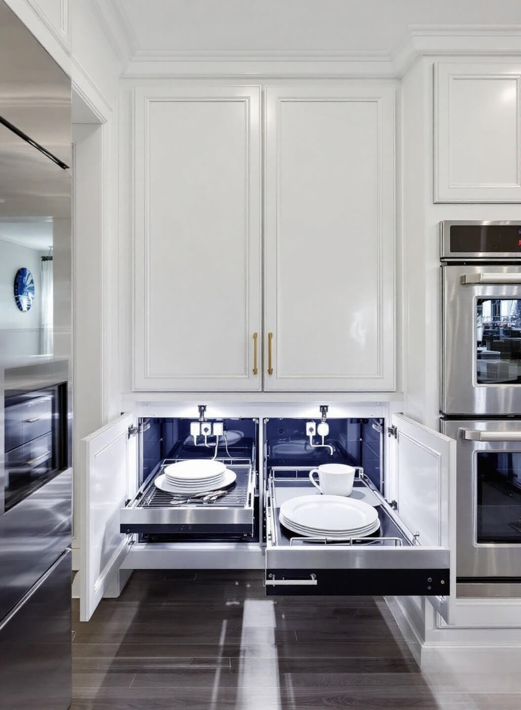 Contemporary counter-depth cabinet conversion with glossy white surfaces, pull-out platforms in brushed nickel, and integrated power strips, styled with matching high-end appliances