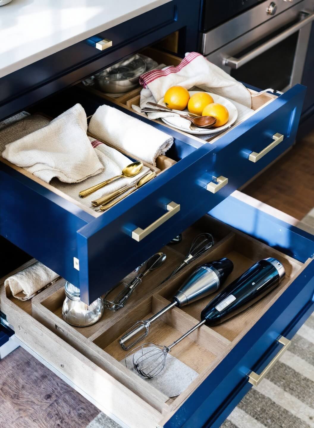 Overhead view of navy blue deep drawer system with custom maple dividers, satin nickel hardware, organized kitchen appliances and utensils, and cord management solutions, styled with kitchen linens.