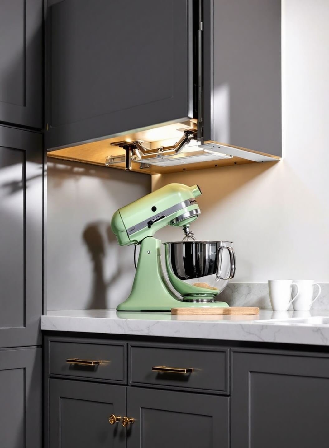 Extended upper cabinet with hydraulic lift mechanism, highlighting pistachio green professional stand mixer at counter height, with gray cabinet finish and brass hardware under dramatic side lighting