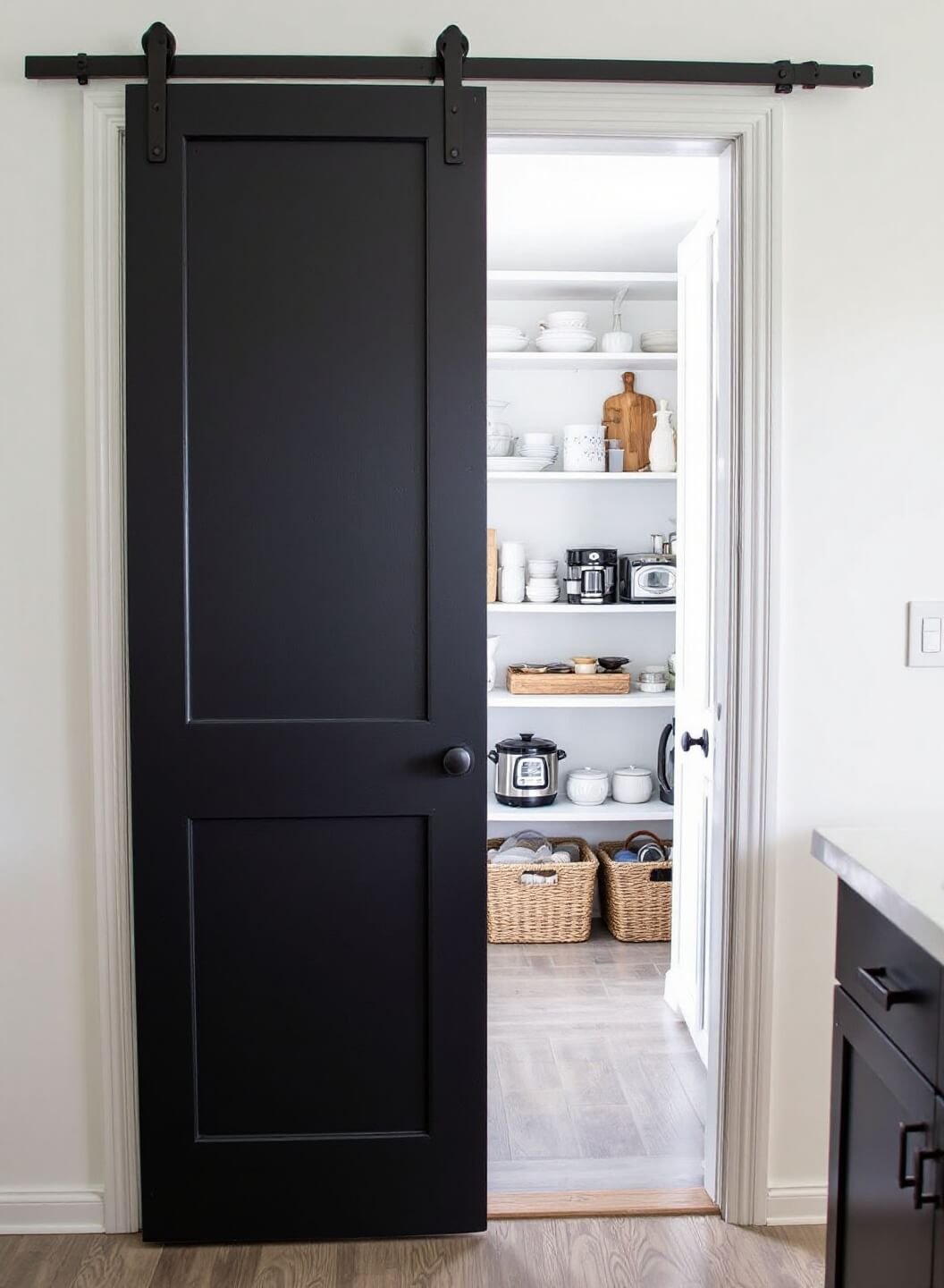 Matte black pantry door ajar revealing organized shelves with appliances and textural baskets, illuminated by natural light, in modern farmhouse style with vintage touches.