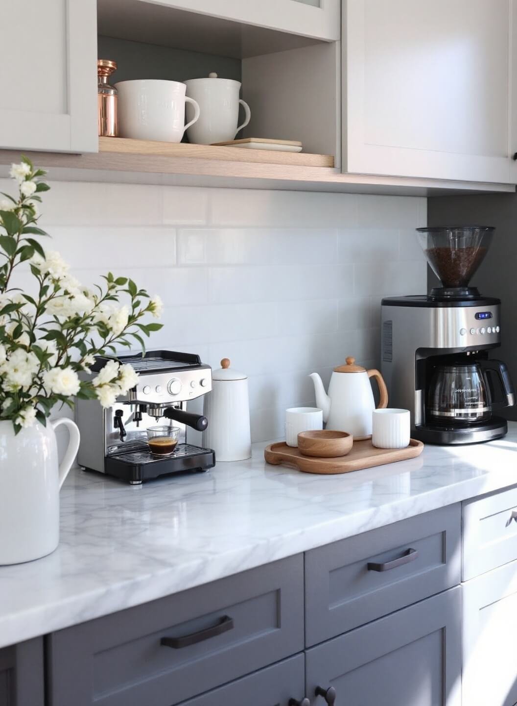 Eye-level view of a bright, efficiently organized coffee station with marble countertop, glass canisters, stainless appliances, espresso machine, grinder, and electric kettle. Decor includes copper accents, white ceramic containers, fresh flowers, and wooden serving pieces.