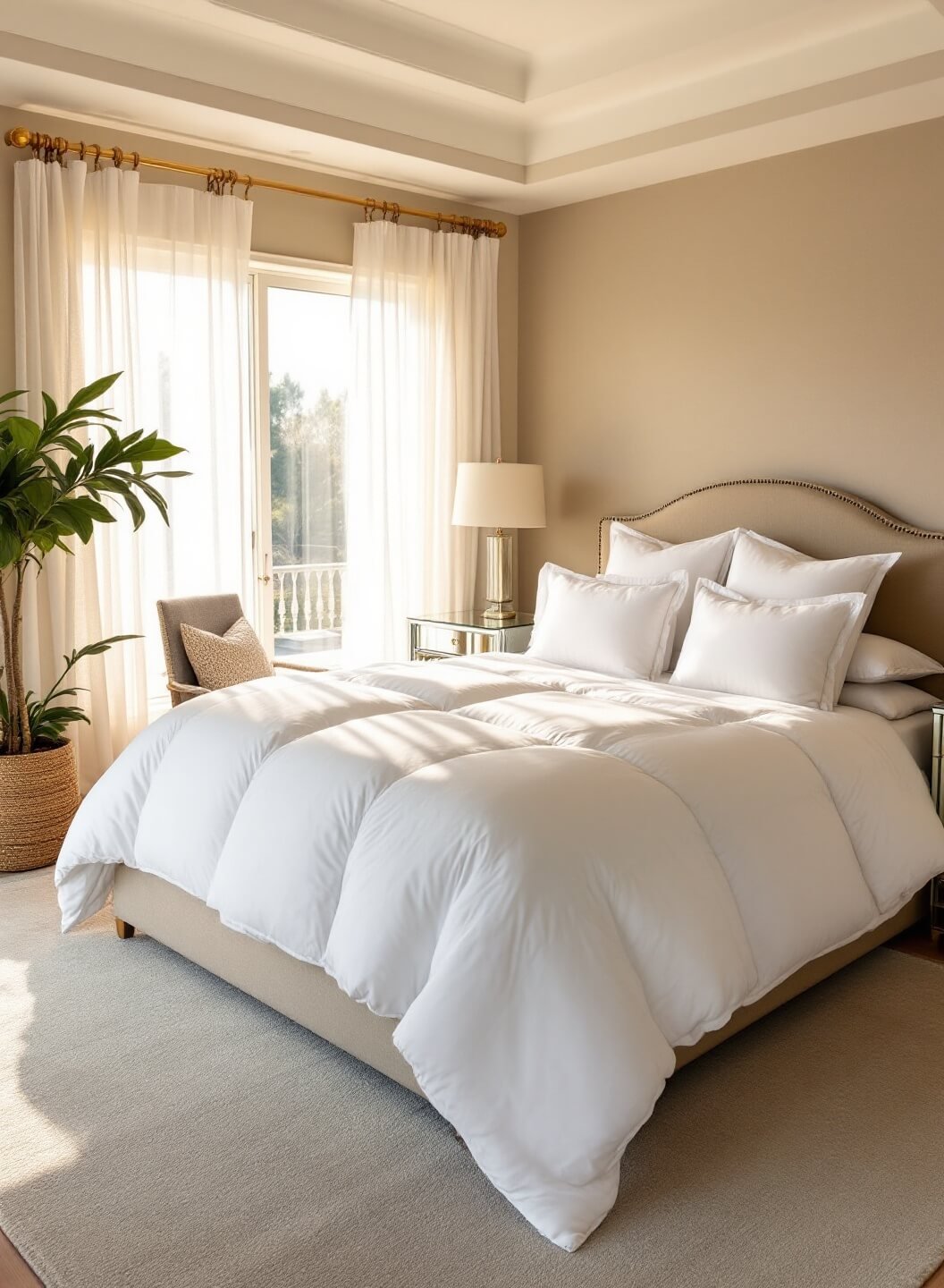 Sunlit master bedroom with high tray ceilings, king bed with white linens, mirrored nightstands, and curtains filtering warm golden hour light.