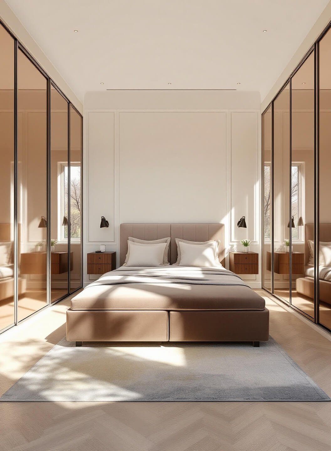 Contemporary 16x20ft bedroom with morning light streaming through floor-to-ceiling windows, reflecting off bronze mirror-front built-in wardrobes on cream walls, with a centered champagne velvet ottoman bed between floating walnut nightstands.