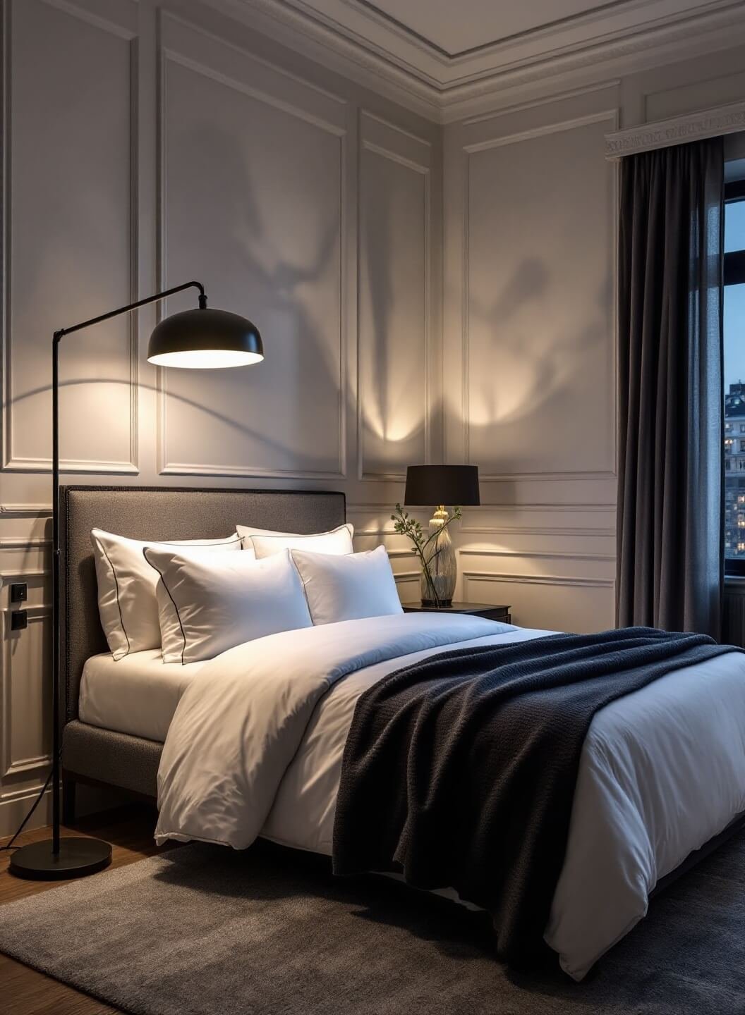 Luxurious 18x20ft master suite at twilight with artistic shadows on soft white paneled walls, king bed in hotel-style whites with charcoal throw, and moody controlled lighting.