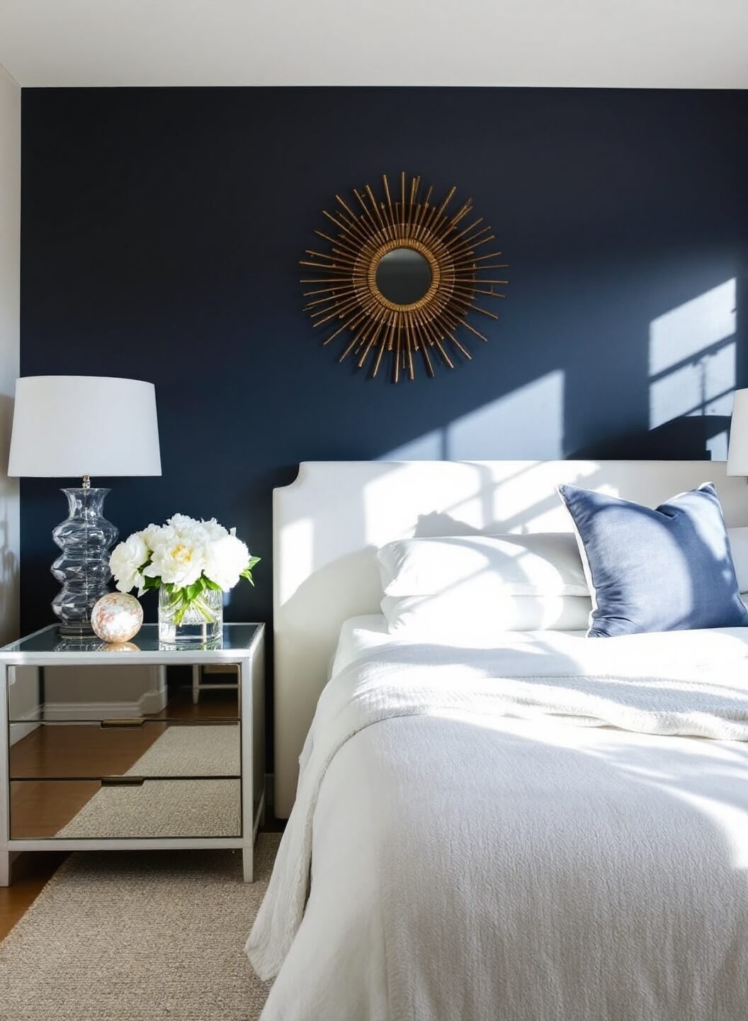 Contemporary bedroom with bright afternoon light, white lacquered furniture, navy accent wall, fresh peonies and crystal carafe on mirrored nightstands