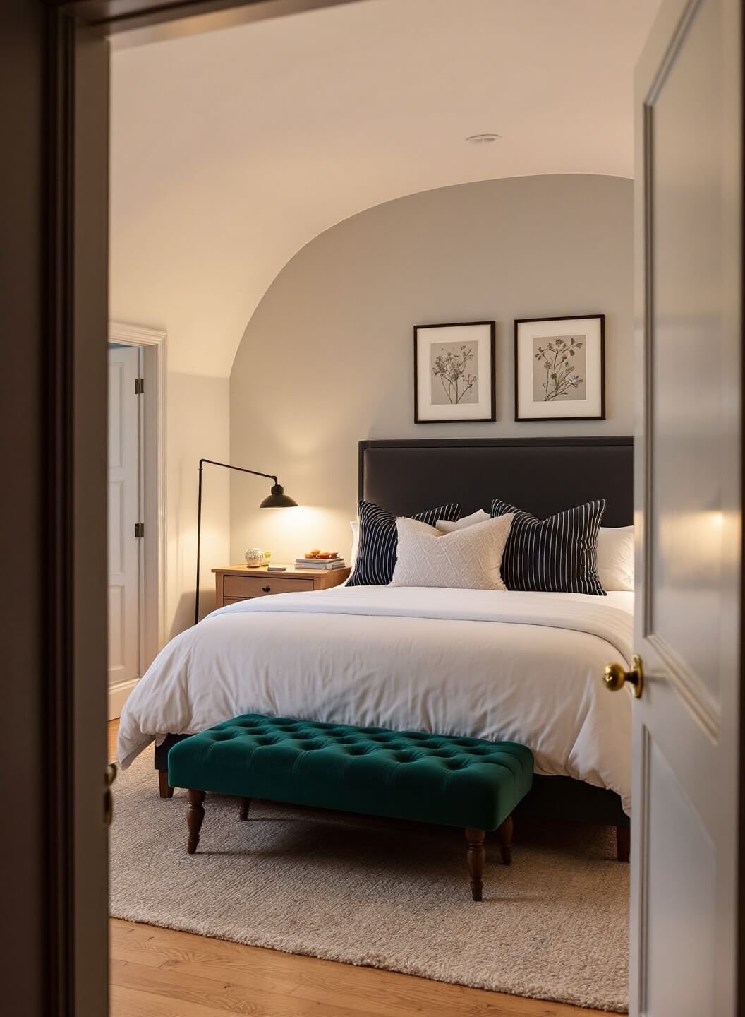 Cozy bedroom with barrel-vaulted ceiling, ambient LED lighting, and deep emerald velvet-upholstered bench at the foot of the bed, viewed from doorway perspective.