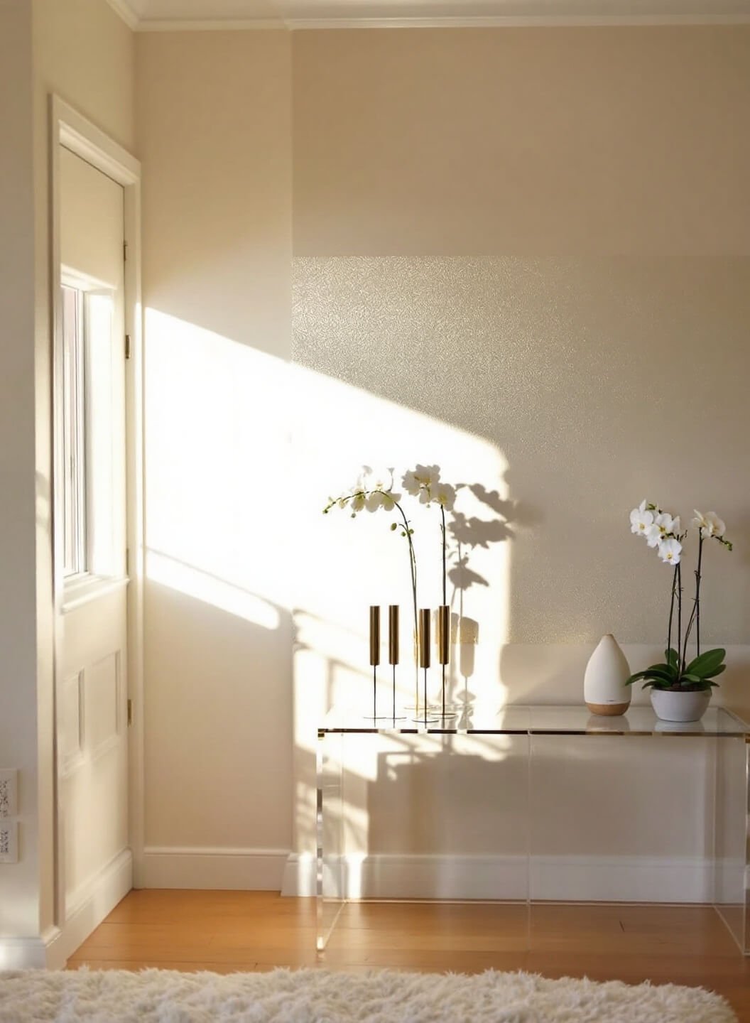 Transitional bedroom with cream and gold color scheme, illuminated by morning glow, featuring metallic wallpaper accent wall, fresh orchids on a lucite console, and aromatherapy diffuser, captured from a high angle to display room's geometric balance and play of morning light.