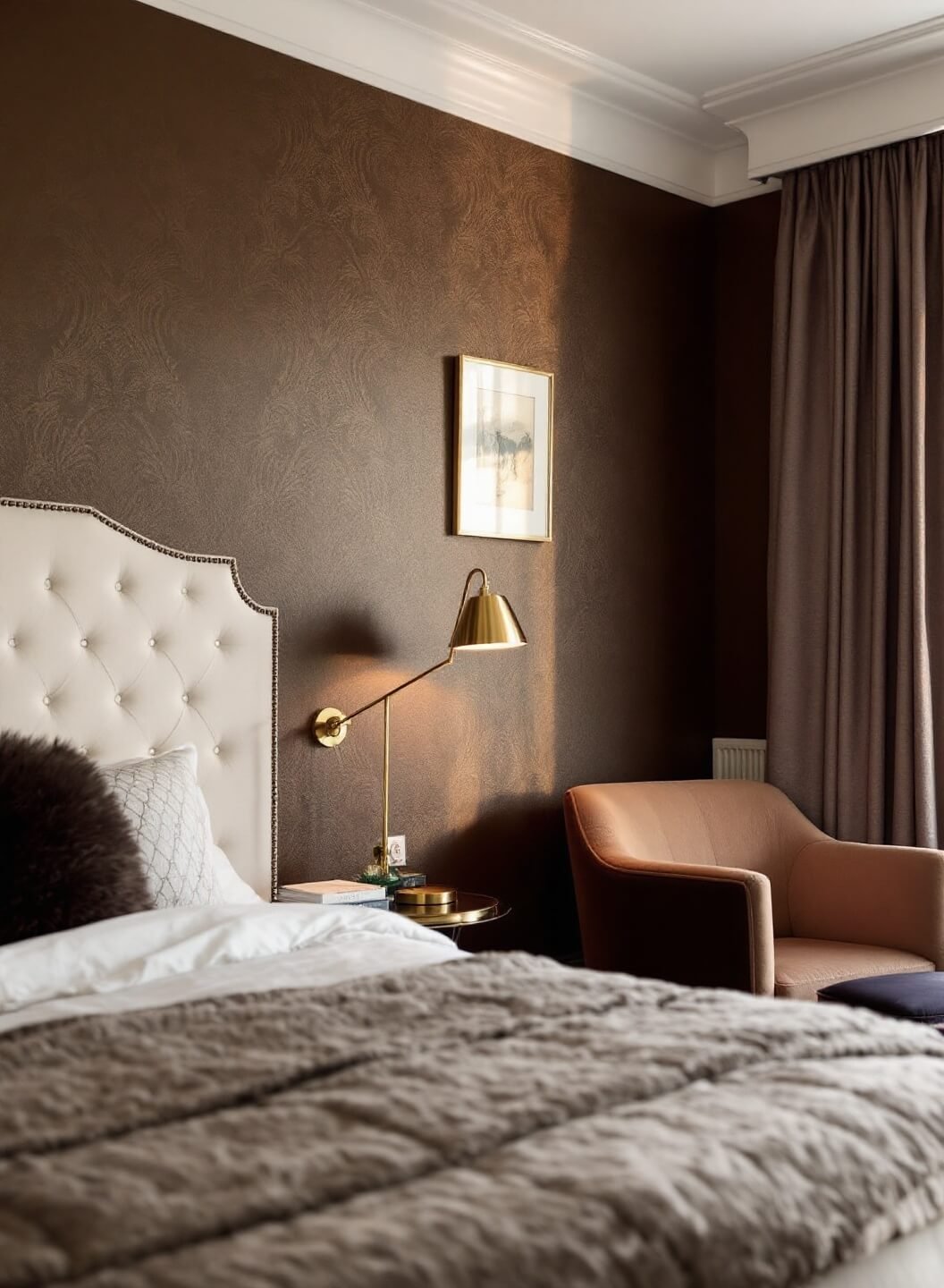 Sophisticated master retreat featuring brown silk wallcovering, ivory upholstered headboard, and a reading nook with a velvet chair and brass lamp, bathed in golden hour glow.