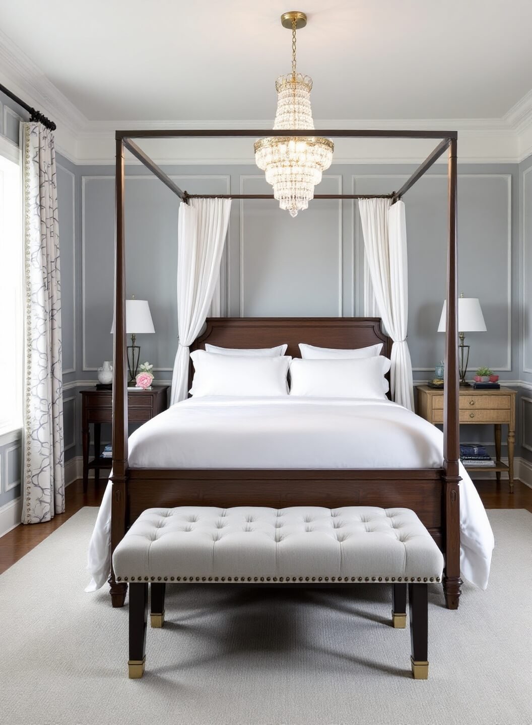 Symmetrically arranged boutique bedroom with pale blue-grey walls, white-framed canopy bed with white linen, centered crystal chandelier, and tufted bench at midday