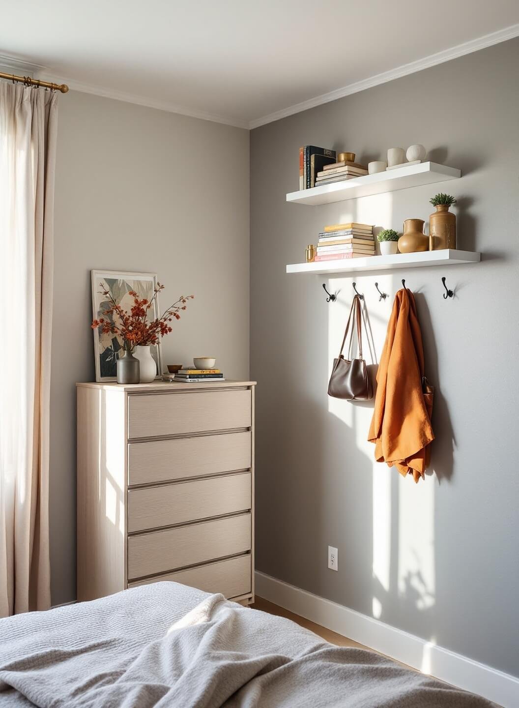 Sunlit 90 sq ft Manhattan bedroom with white shelves, color-coded books, brass decor, displayed leather bags and silk scarves on black hooks, a white oak dresser and sheer linen curtains.