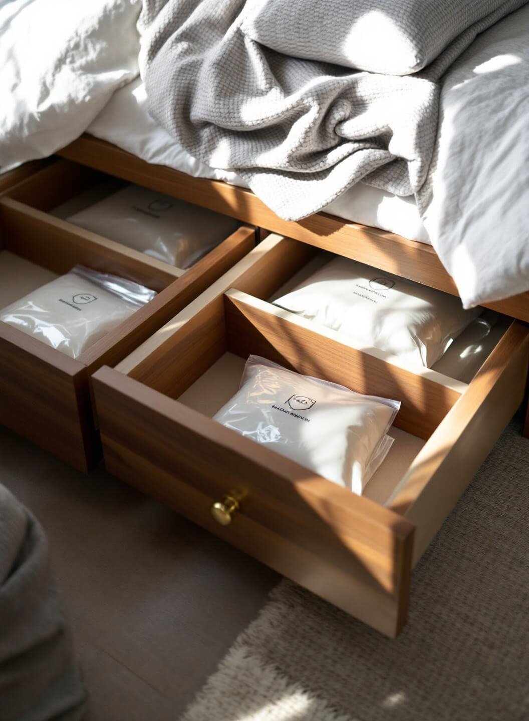 Contemporary platform bed with built-in drawers and white bedding in a minimalist styled room lit by soft afternoon light