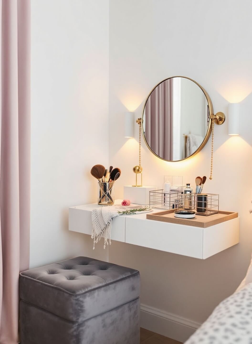 Multifunctional corner featuring grey velvet storage ottoman and folded white lacquer desk transformed into a vanity with vintage mirror and lucite organizers under warm LED lighting