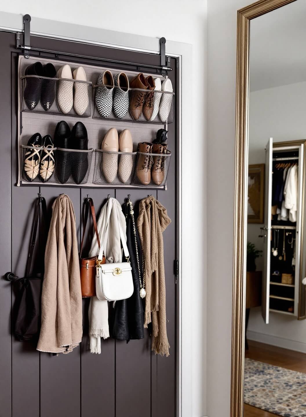 Minimalist bedroom door command center with neatly organized shoes, bags, scarves on hooks, and full-length mirror with slightly open hidden jewelry cabinet in cool morning light