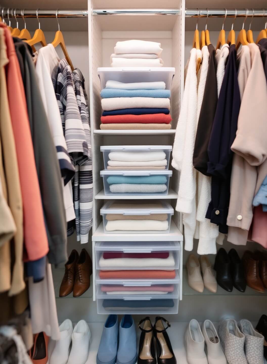 Optimized reach-in closet displaying color-coordinated clothes on double chrome rods, neatly stacked clear shoe boxes, and separated rolled sweaters on acrylic shelves with professional lighting and beautiful bokeh effect