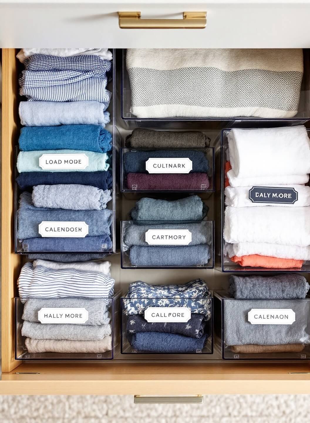 Overhead view of an organized drawer system with clear acrylic containers of different sizes containing neatly folded items, each labeled in white, under soft, indirect lighting