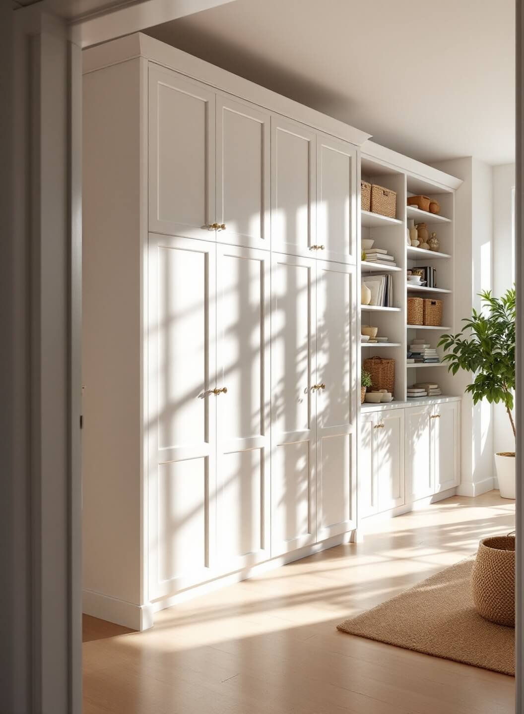 Morning sunlight illuminates a wide room with floor-to-ceiling white built-in storage featuring a combination of closed cabinets and open shelving, viewed from the doorway at f/5.6