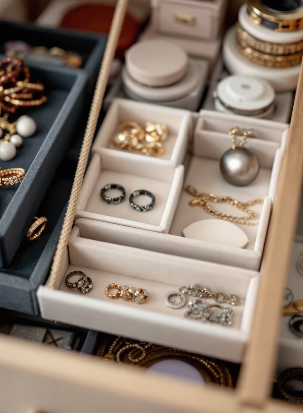 Custom drawer organizers, velvet jewelry trays and stackable boxes in neutral tones, styled with personal accessories in soft studio lighting