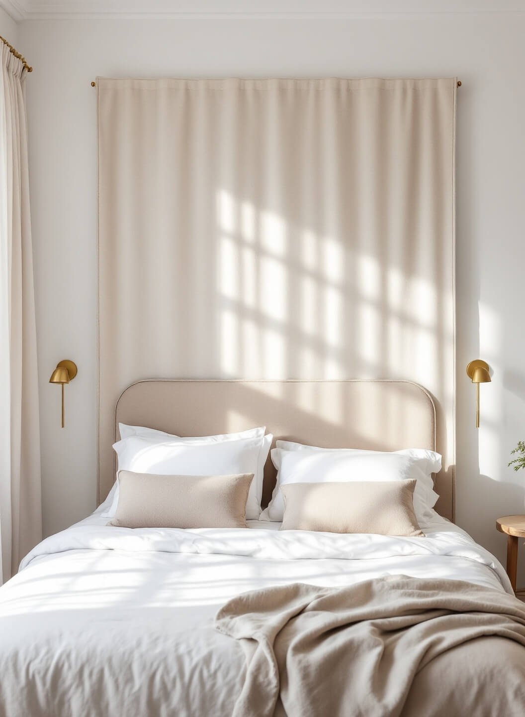 Serene Scandinavian-style bedroom with a linen fabric panel headboard, white linens, neutral pillows, and minimalist brass sconces, bathed in morning sunlight filtering through sheer curtains