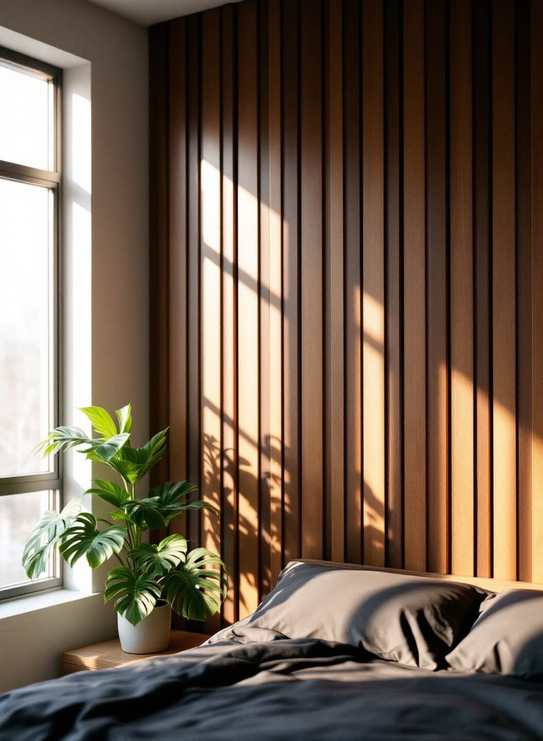 Dramatic walnut-stained vertical slat headboard against gray wall, lit by golden hour sunlight through a western window, with a platform bed dressed in charcoal bedding and a Monstera plant in the corner casting shadows.