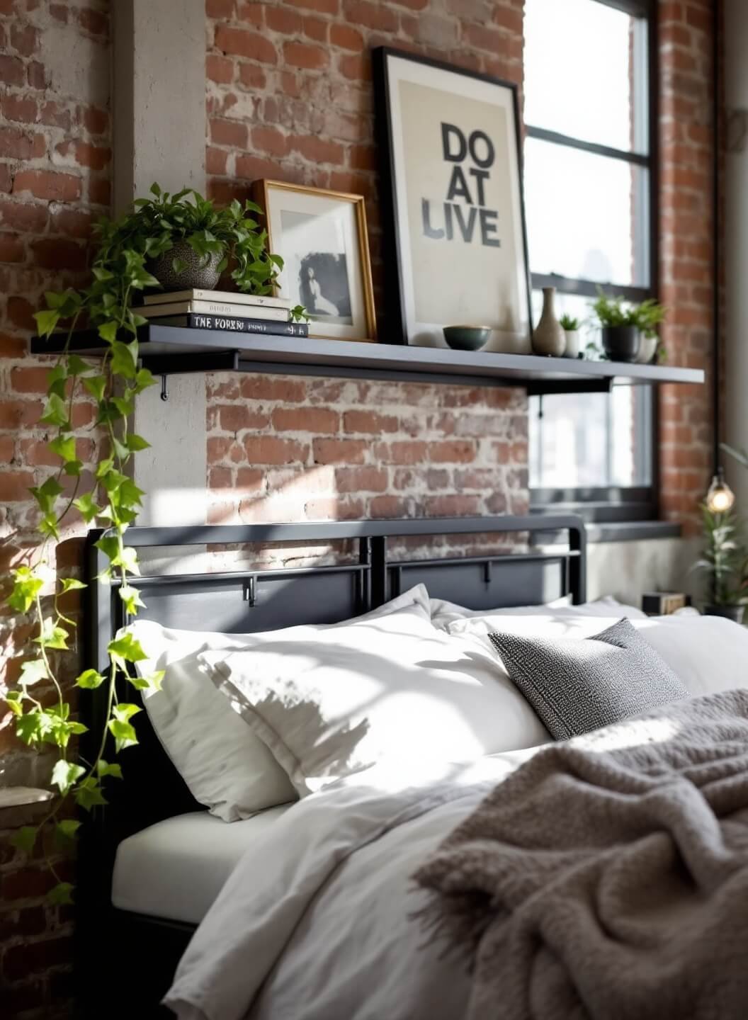 King-sized bed with matte black metal floating shelf headboard, artfully decorated with vintage books, trailing plants, and small ceramics.