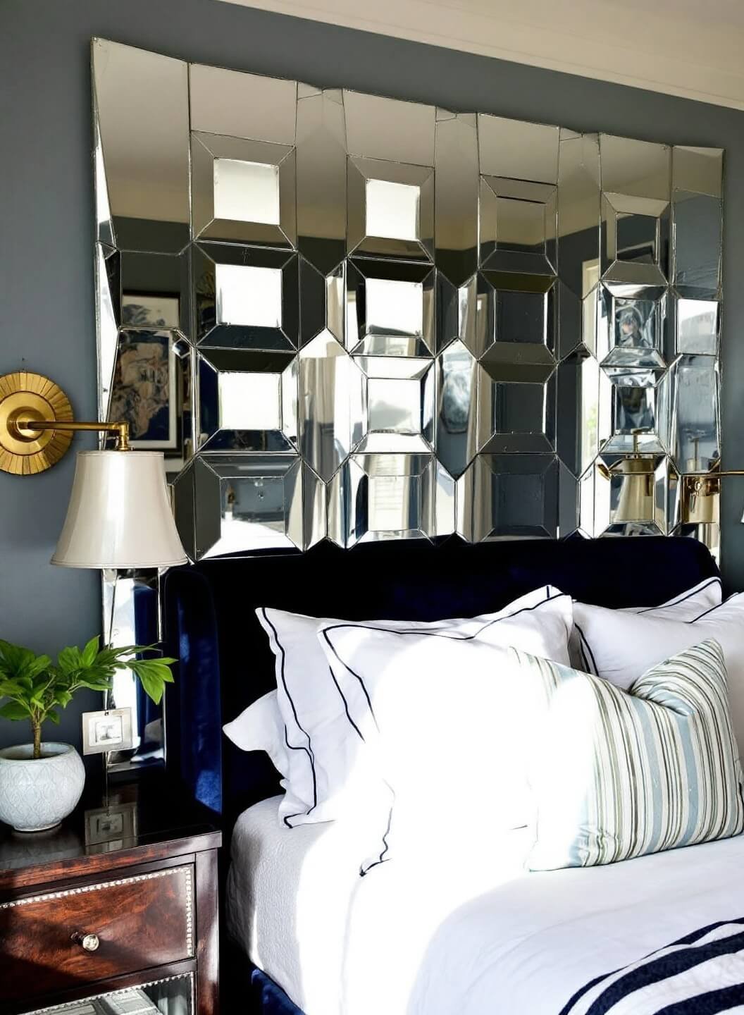 Vintage mirrors arranged geometrically to create a 7-foot headboard, reflecting afternoon light onto a luxe navy velvet upholstered bed in an art-deco styled bedroom with brass fixtures.