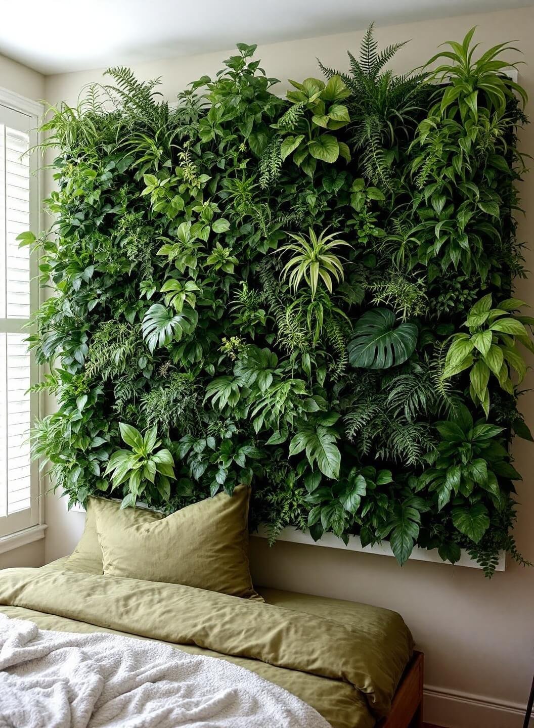 Natural wood bed with olive green linens against 6-foot living plant wall filled with variegated pothos, ferns, air plants.