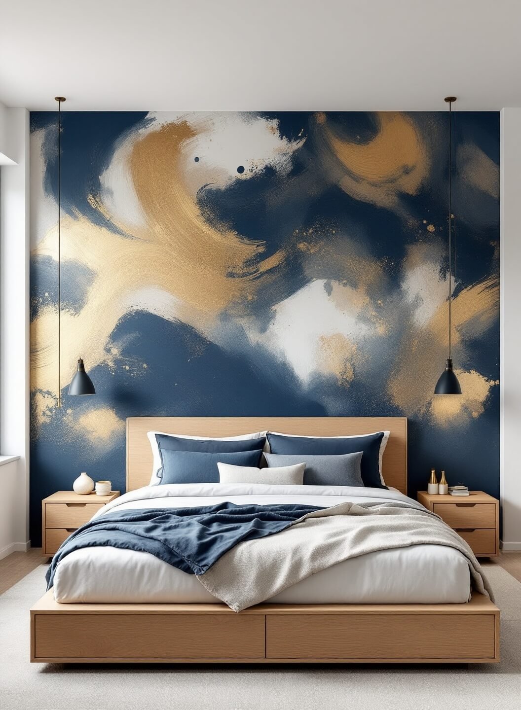 Modern artistic bedroom with large-scale abstract indigo and gold mural headboard.