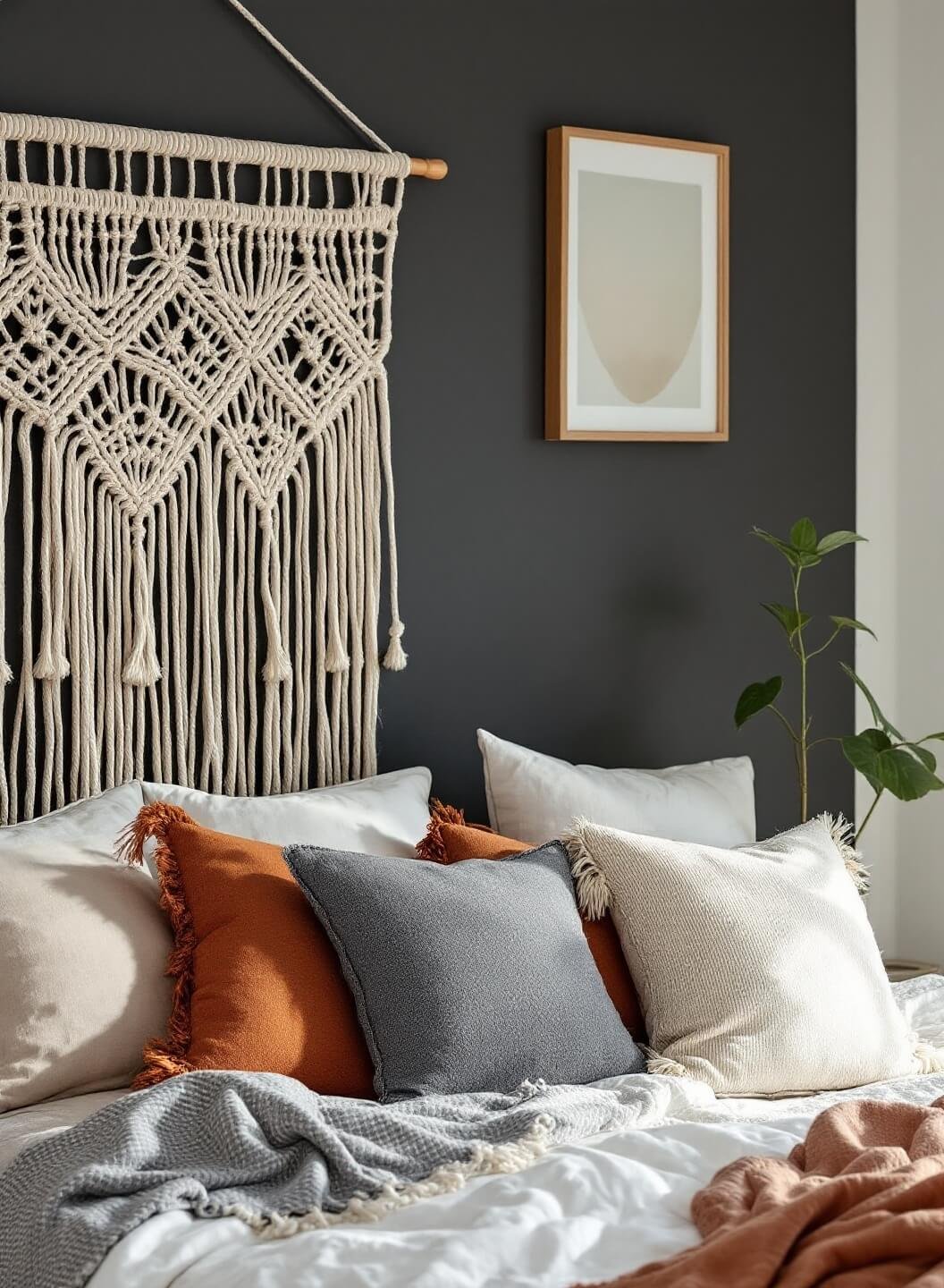 Bohemian styled bedroom with macramé wall hanging headboard.