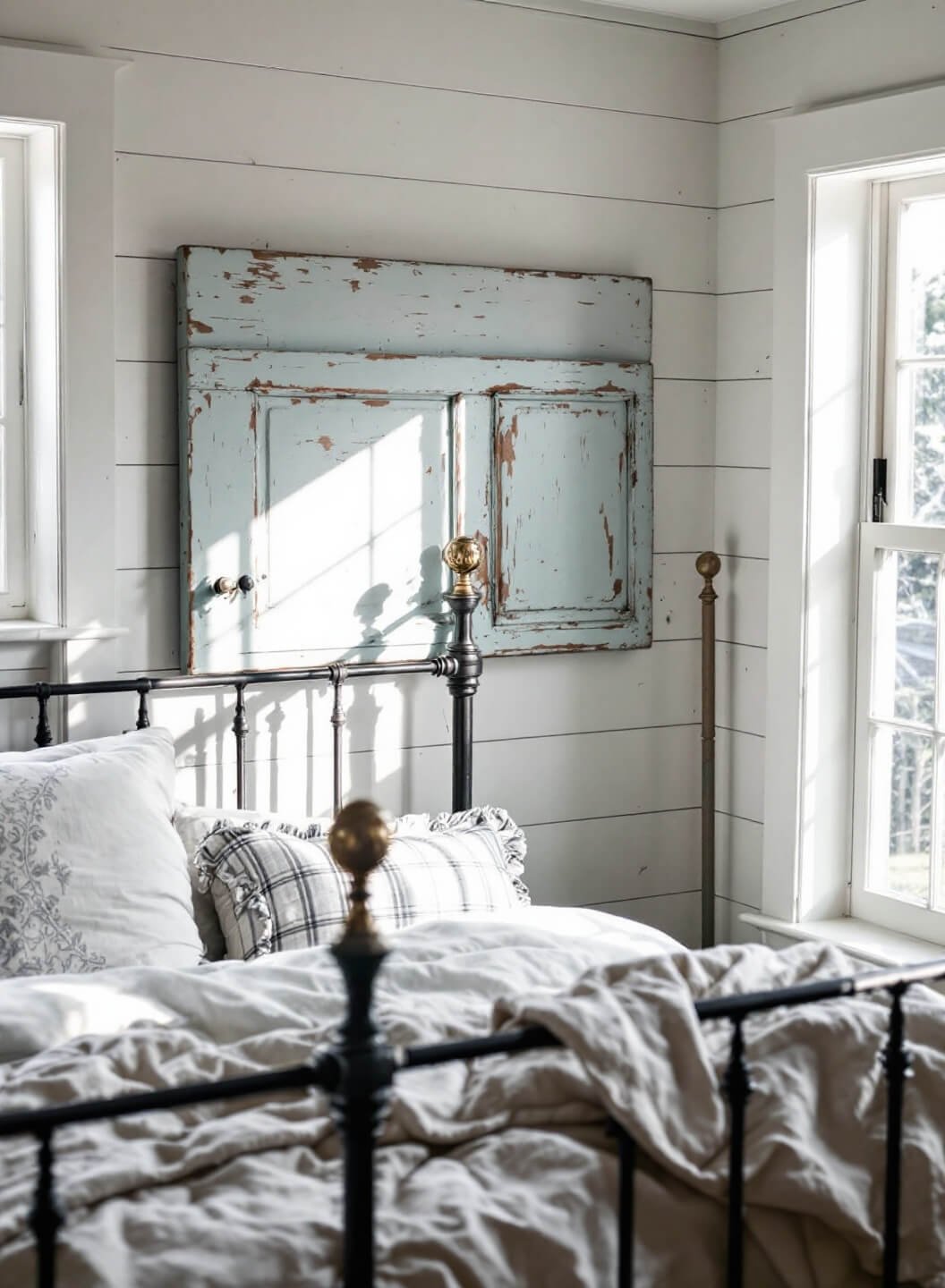 Farmhouse-style bedroom featuring an antique door headboard with distressed aqua paint.