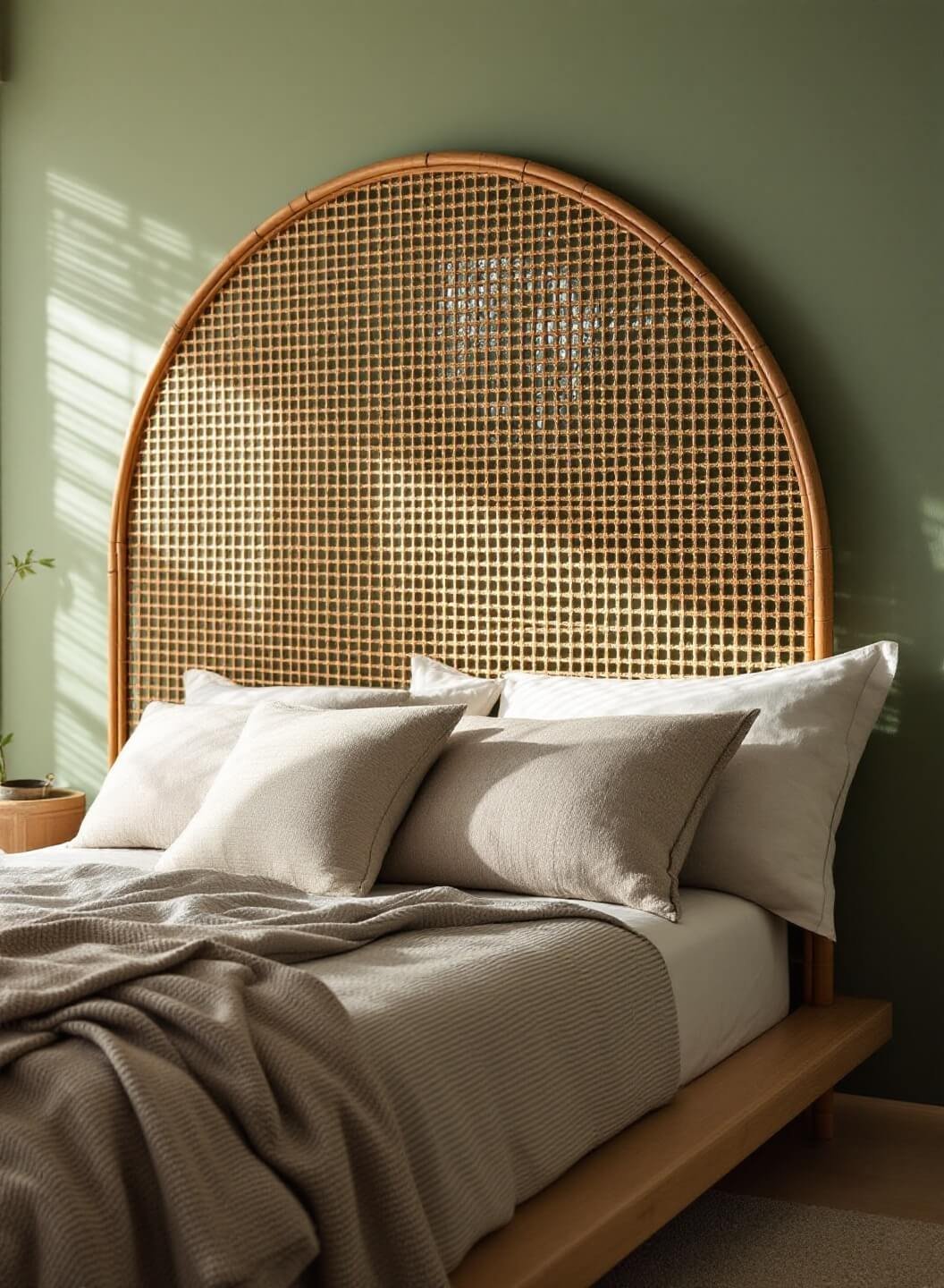 Tropical modern style bedroom with woven rattan headboard.