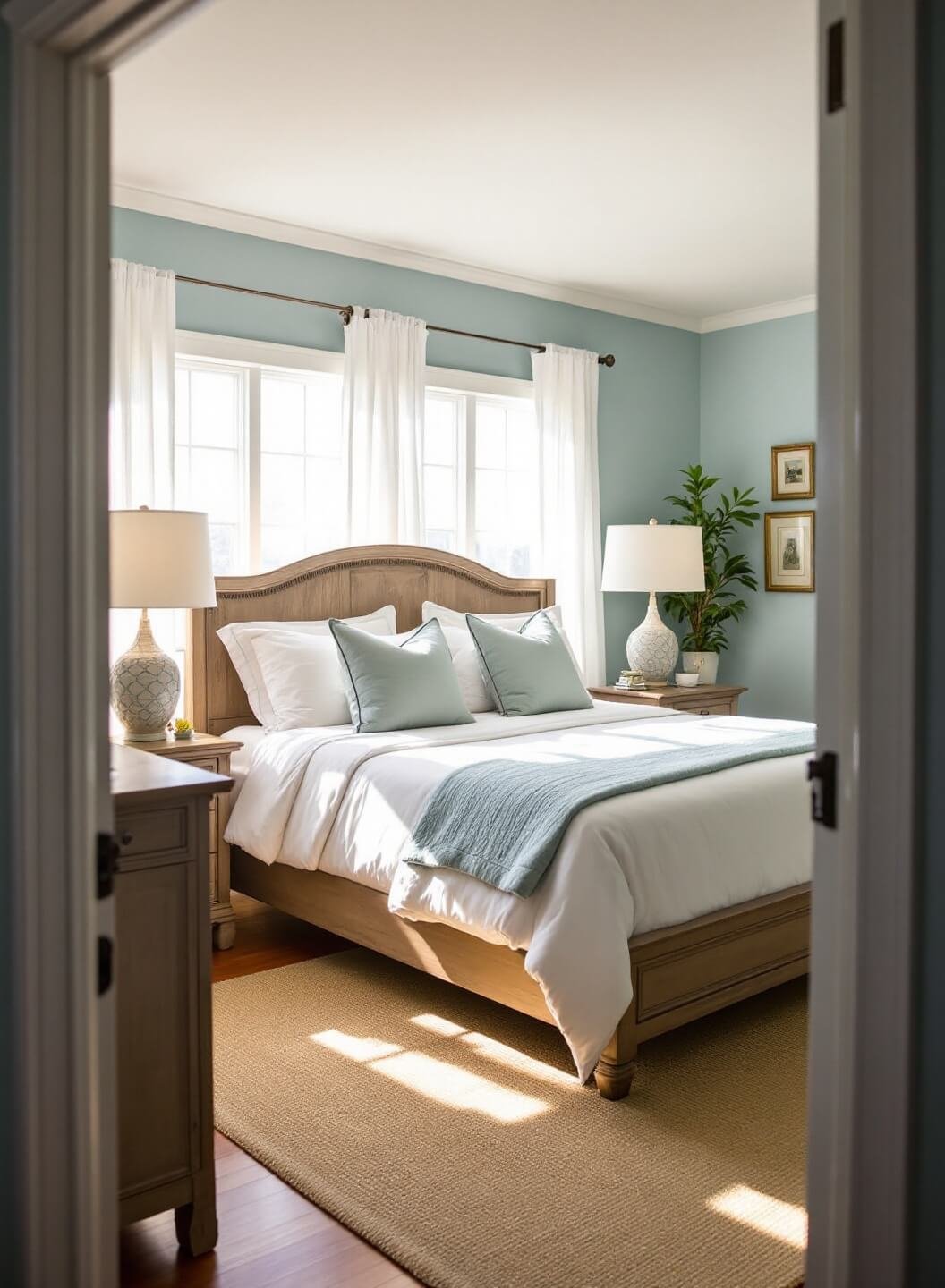 Spacious, calming master bedroom with 'Ocean Air' blue walls and soft natural daylight creating gentle shadows, featuring a king-size bed with blue and white linens, weathered oak nightstands with ceramic lamps, and a seagrass rug.