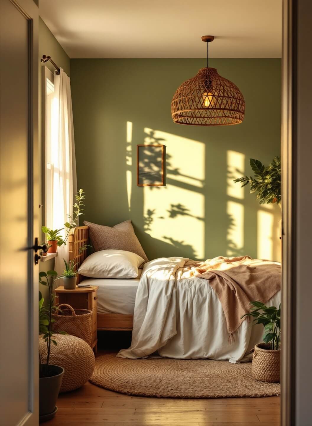 Cozy bedroom with sage green walls, natural wood furniture, cream linen-dressed queen bed under a rattan pendant light, accompanied by potted plants and woven baskets on a jute rug, bathing in the warm golden hour glow through gauzy curtains.