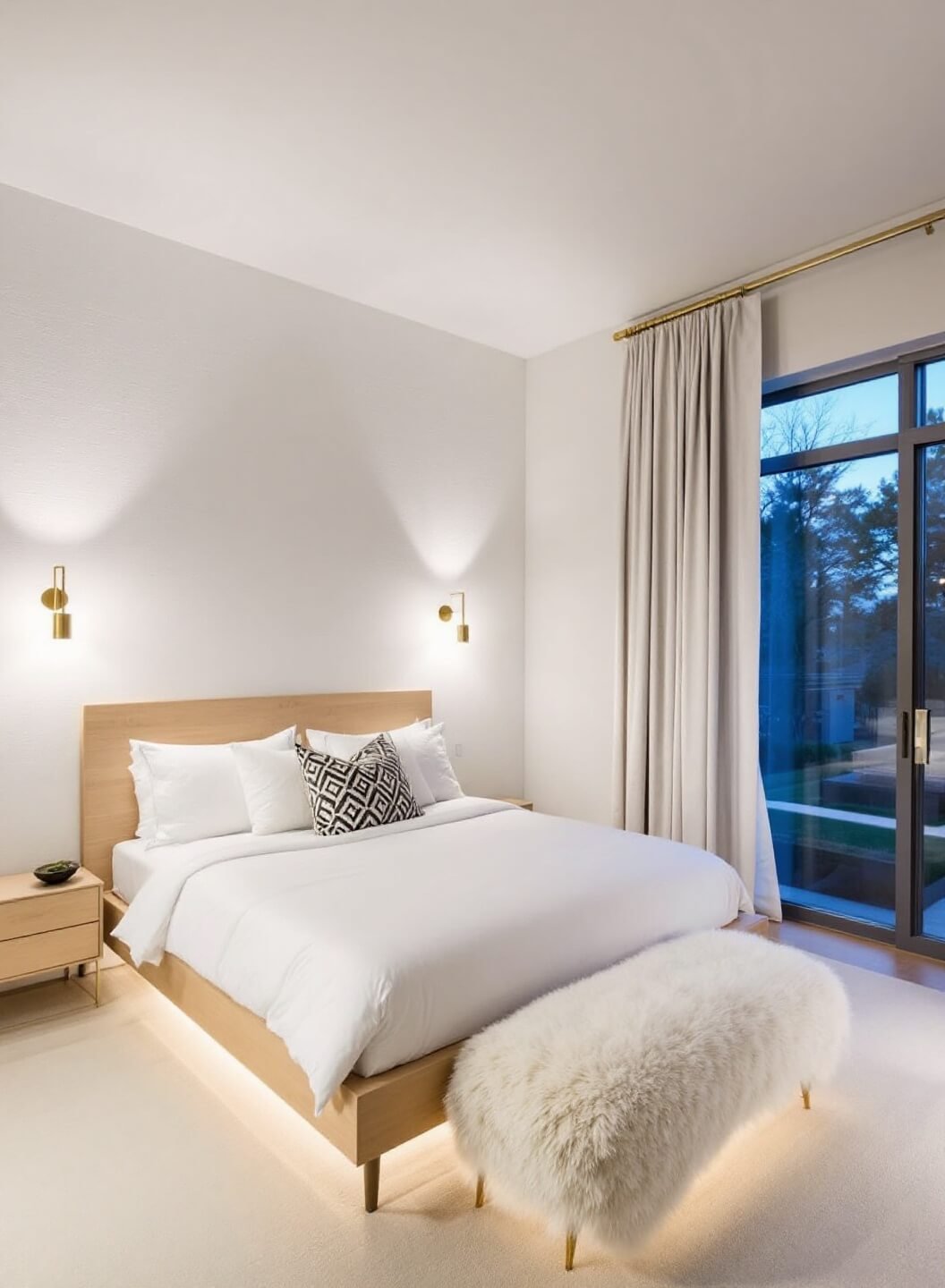 Elevated corner view of a contemporary 15x18ft primary bedroom at dusk, featuring Sherwin Williams 'Alabaster' walls, a light oak platform bed with white bedding, minimalist brass sconces, floor-to-ceiling windows with automated sheer panels, and a Mongolian wool bench