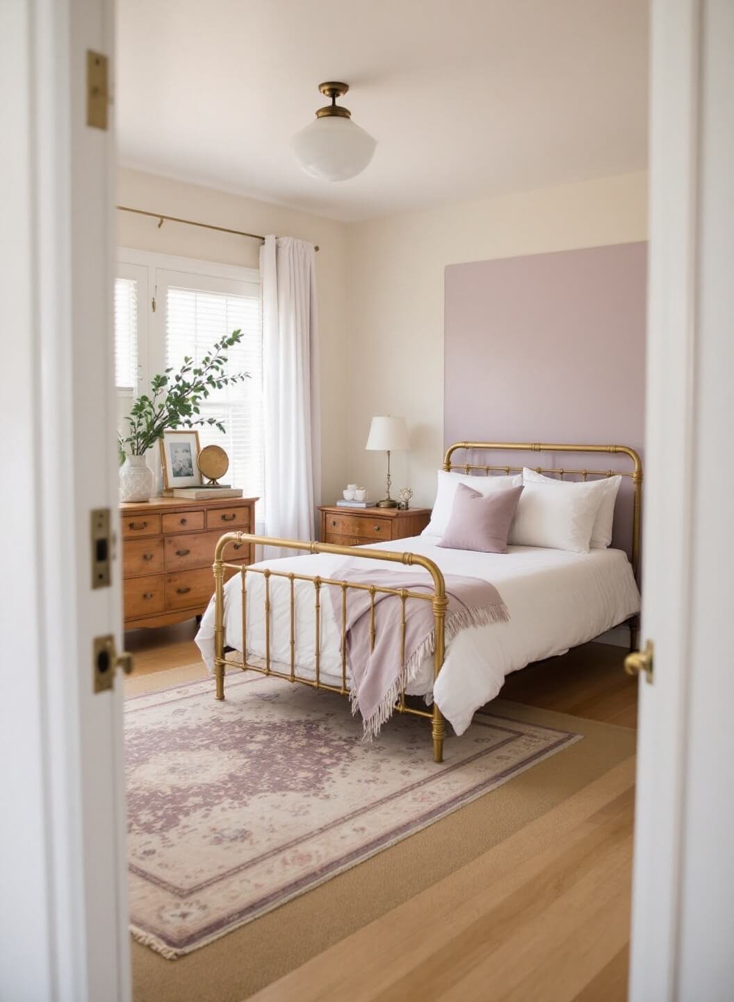 Spacious and serene 13x15ft bedroom with creamy beige and lavender walls, a brass bed frame with white and lavender linens, vintage Persian rug, French doors draped in white linen, and an antique dresser with brass hardware, bathed in diffused natural light.