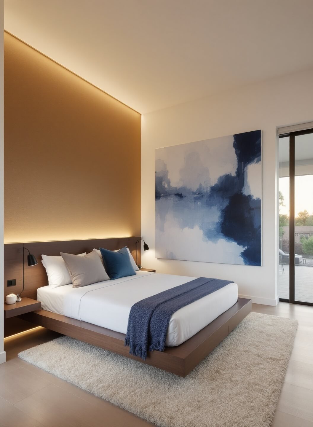 Modern 16x14ft bedroom with warm white walls, textured grasscloth feature wall, low-profile dark walnut platform bed, floor-to-ceiling automated blinds, oversized blue-toned abstract art, and plush cream area rug, lit by dawn light and subtle LED strips.