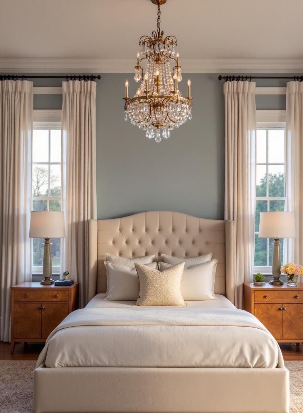 Luxurious 15x17ft bedroom at sunset with pale blue-gray walls, white trim, cream linen wingback bed, crystal and brass chandelier, pearl white silk draperies, and matching burl wood nightstands, illuminated by warm sunset glow and dimmed chandelier light.