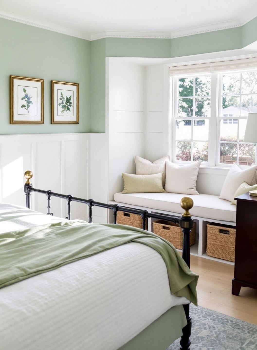 Bright and tranquil 12x14ft bedroom at midmorning featuring mint green walls with white paneling, an iron bed with white and sage bedding, a bay window with a cream-cushioned window seat, botanical prints in brass frames, and seagrass baskets for storage, with emphasis on the window feature.