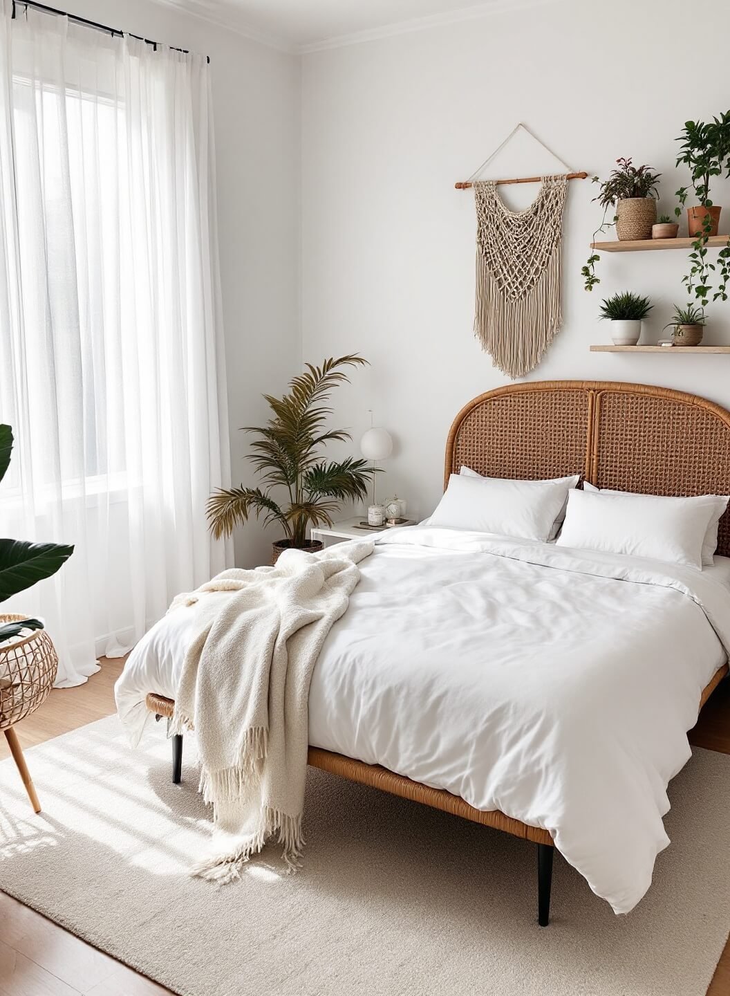 Bright airy 13x15ft bedroom with pure white walls, a rattan bed with clean white linens, macramé wall hanging, ivory natural fiber rug, floating shelves with air plants, shot from a high-angle highlighting the full room layout, lit by natural light diffusing through white sheers.