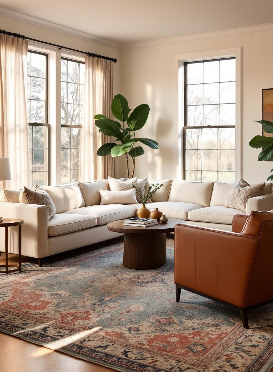 Warm living room bathed in golden hour sunlight, featuring a plush cream linen sofa, two cognac leather club chairs, an oval walnut coffee table, and a vintage Persian rug.