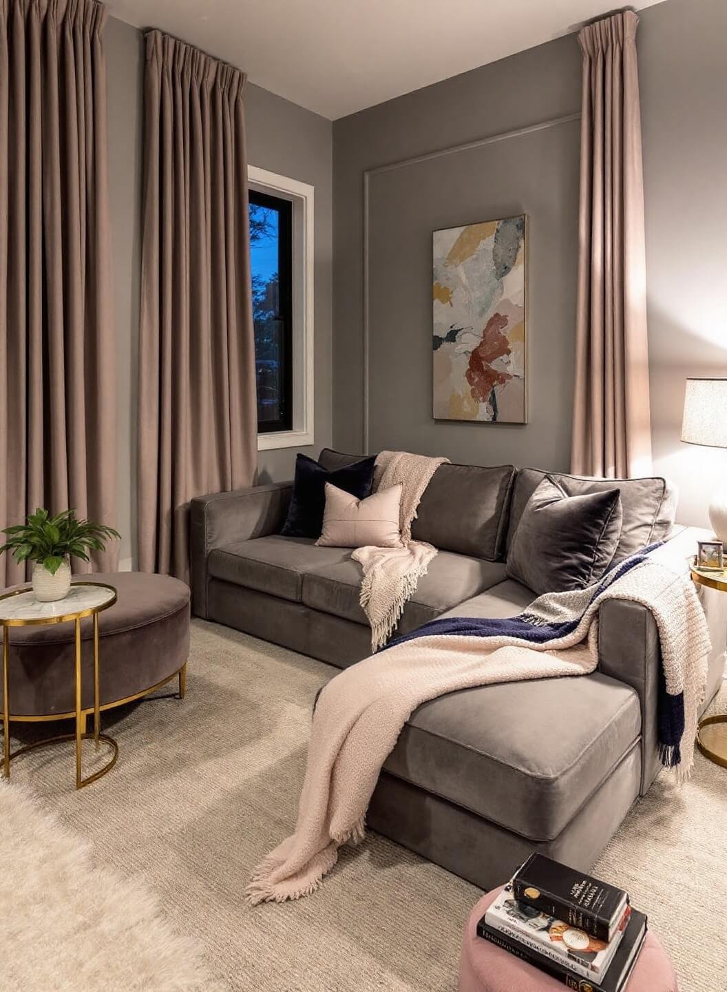 Blue hour photograph of a cozy corner featuring a grey velvet sectional, a blush accent chair, brass side tables with marble tops, and sophisticated layers of woven throw blankets and textured jewel-toned pillows, all illuminated by a ceramic table lamp