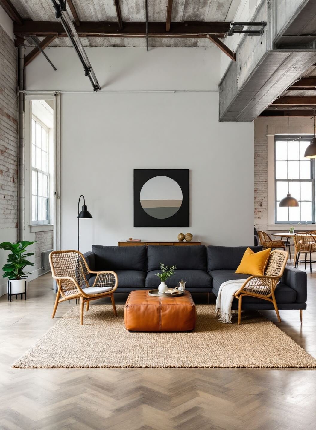 Modern loft living space with high industrial ceilings, two charcoal linen loveseats, rattan accent chairs, a large jute rug, a leather ottoman serving as a coffee table all bathed in natural light from clerestory windows, supplemented by pendant lighting.