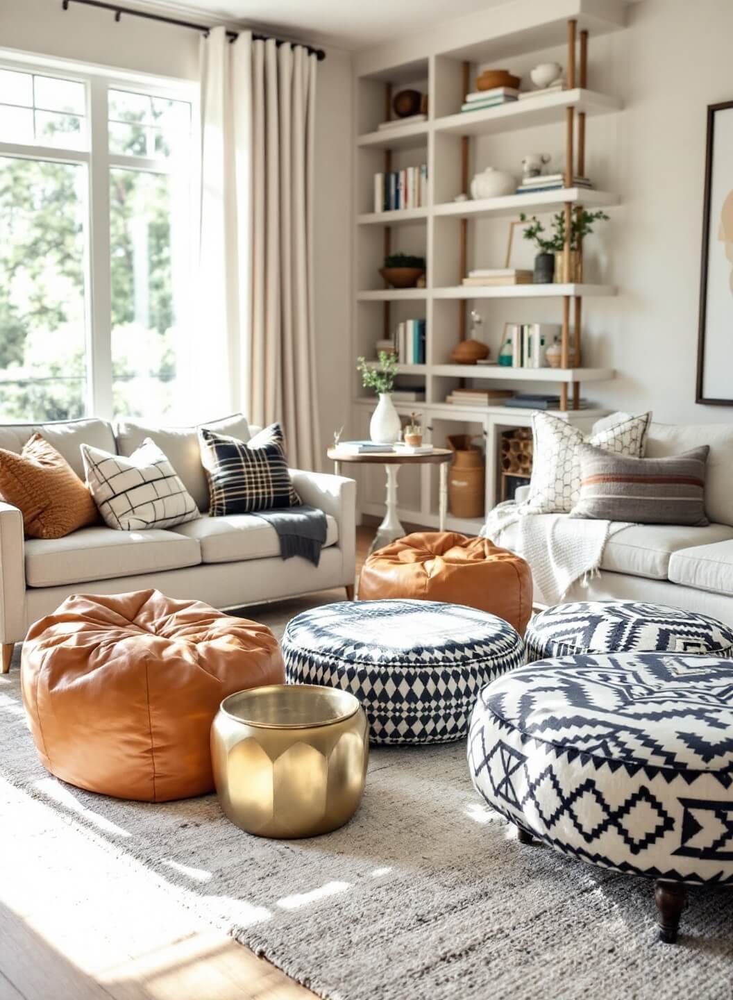 Casual family room with morning light through sheer curtains, featuring lightweight leather poufs, metallic stools, oversized floor cushions around a coffee table with built-in bookshelves in background