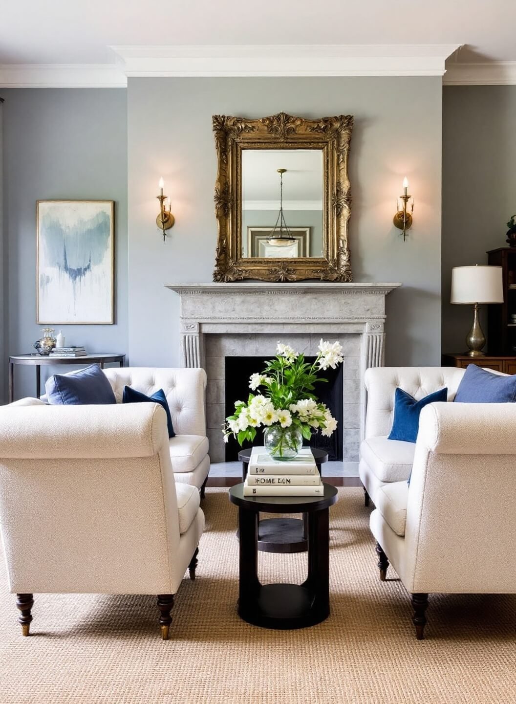 Cozy den with fireplace, slate blue rolled-arm chairs, cream loveseat, antiqued mirror above limestone mantel, and warm lighting reflecting off architectural details.