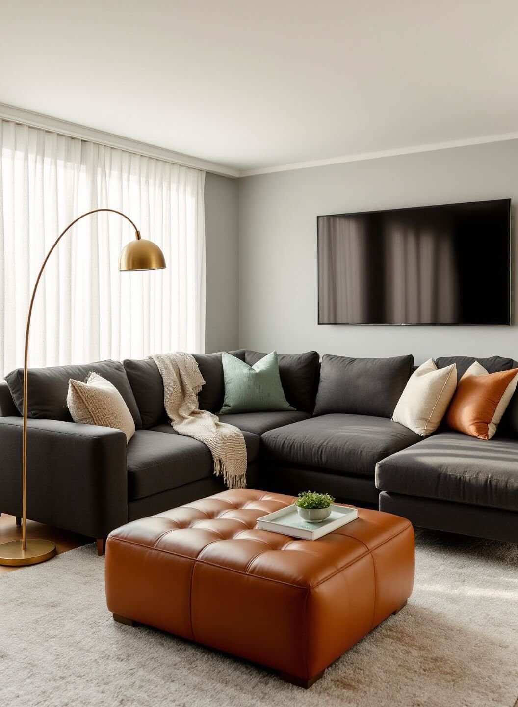 Modern L-shaped media room bathed in late afternoon sunlight filtering through white curtains, featuring a 65-inch TV mounted on a dove-gray wall, a plush charcoal sectional sofa with sage green and cream pillows, a walnut media console, and a brass floor lamp over a leather ottoman.