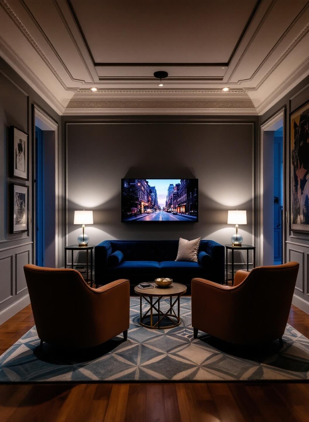 Low-angle shot of a cozy, dimly lit, intimate 16x16ft square TV room at dusk with architectural ceiling detail, featuring a navy velvet 3-seater sofa, flanked by two camel leather swivel chairs and brass and glass side tables with table lamps casting warm light, all arranged on a geometric area rug in muted blues and creams, centered opposite a 55-inch TV.